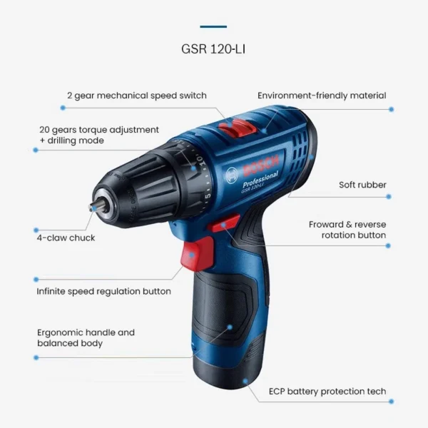 Bosch Professional Cordless Drill GSR 120-Li 12 V System Electric Screwdriver Multi-Function 30Nm Impact Screw Driver Power Tool - Image 6