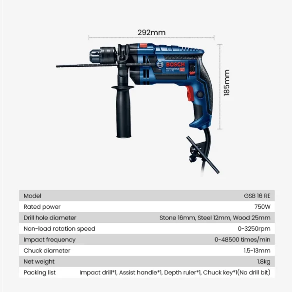 Bosch GSB 16RE Electric Hammer Drill 750W 110-220V High-Power Driller 48500 Bpm Impact Drilling Power Tools for Concrete Steel - Image 6