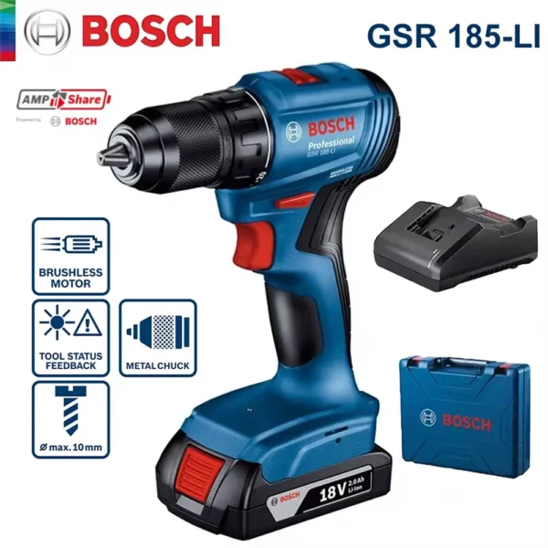 Bosch GSR 185-Li Cordless Drill Electric Screwdriver 18V Brushless Motor Rechargeable Drill Driver Power Tools for Metal Wood