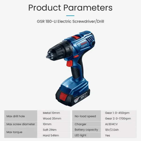 Bosch GSR 180 Li Electric Drill 18V Cordless Hand Drill Electric Screwdriver 2 Speed 21 Torque Setting Bosch Rotating Power Tool - Image 6