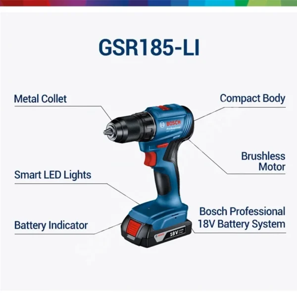 Bosch 18V Cordless Drill Electric Screwdriver Gsr 185-Li Brushless Rechargeable Battery Drill Driver Power Tools for Metal Wood - Image 6