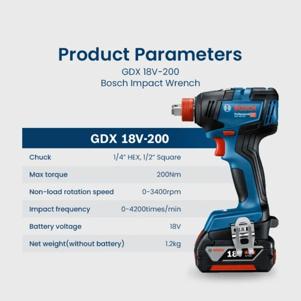 Bosch GDX 18V-200 Electric Screwdriver 18V Cordless Brushless Impact Wrench Drill Power Tools with 2 Batteries and 1 Charger - Image 6