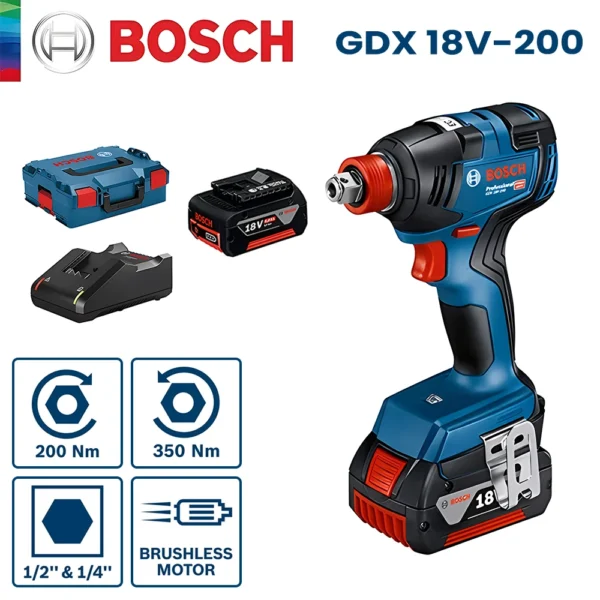 Bosch GDX 18V-200 Electric Screwdriver 18V Cordless Brushless Impact Wrench Drill Power Tools with 2 Batteries and 1 Charger