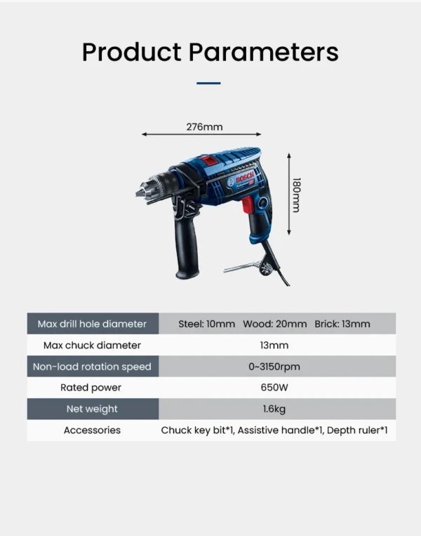 Bosch GSB 13RE Hammer Drill 650W High-Power 47000 Bpm Impact Cable Driller Variable Speed Drilling Power Tool for Concrete Steel - Image 6