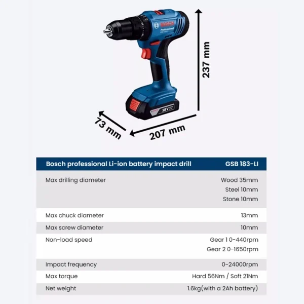 Bosch GSB 183 Electric Drill Screwdriver Cordless Brushless Impact Drill 56Nm Torque Multi-Use Power Tools for Wood Stone Metal - Image 6
