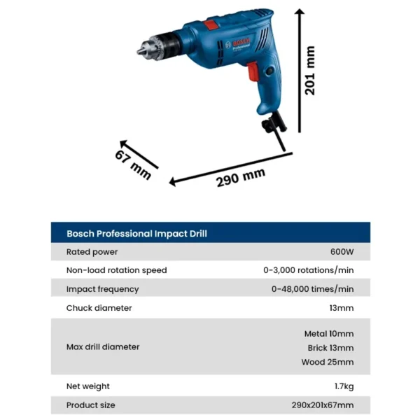 Bosch GSB 600 Electric Hammer Drill 48000bpm Wired Impact Driller High Power Drilling Power Tool for Wood Steel Concrete Brick - Image 6