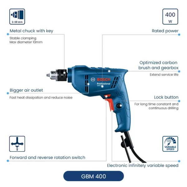 Bosch 400W Electric Drill Mini Screwdriver Adjustable Speed Rotary Impact Drill Strong Power Driller Tool for Wood Metal GBM 400 - Image 6