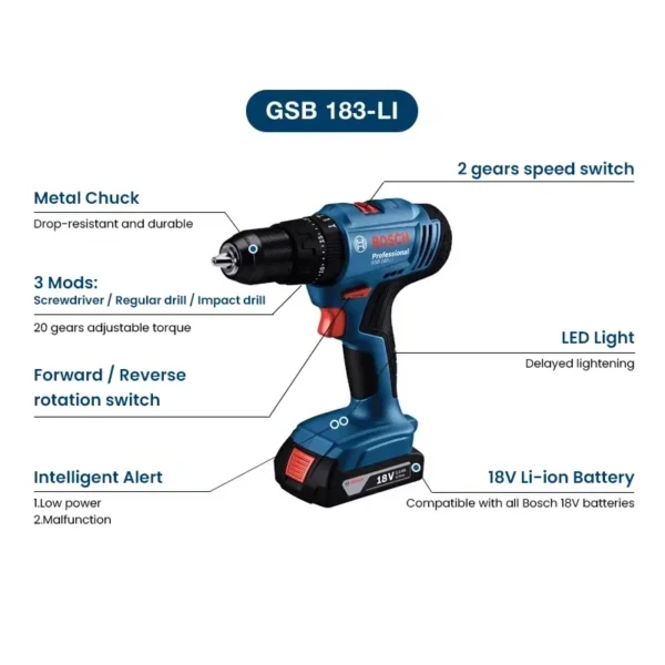 Bosch GSB 183 Electric Hammer Drill Screwdriver Cordless Brushless Impact Drill 56Nm Multi-Use Power Tools for Wood Stone Metal - Image 5