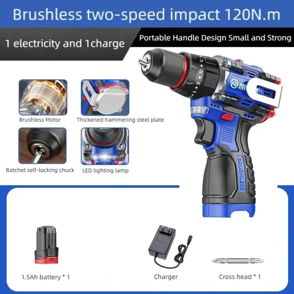 Cordless Electric Screwdriver, Brushless Impact Drill, Wireless Hand Drill, Lithium-Ion Battery Power Tools - Image 5